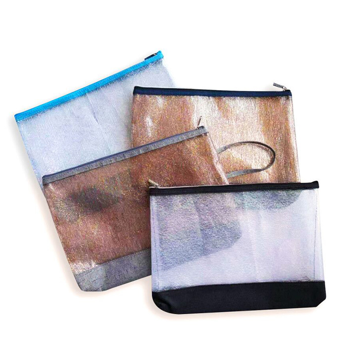 Eva gold mesh sew polyester zipper bag