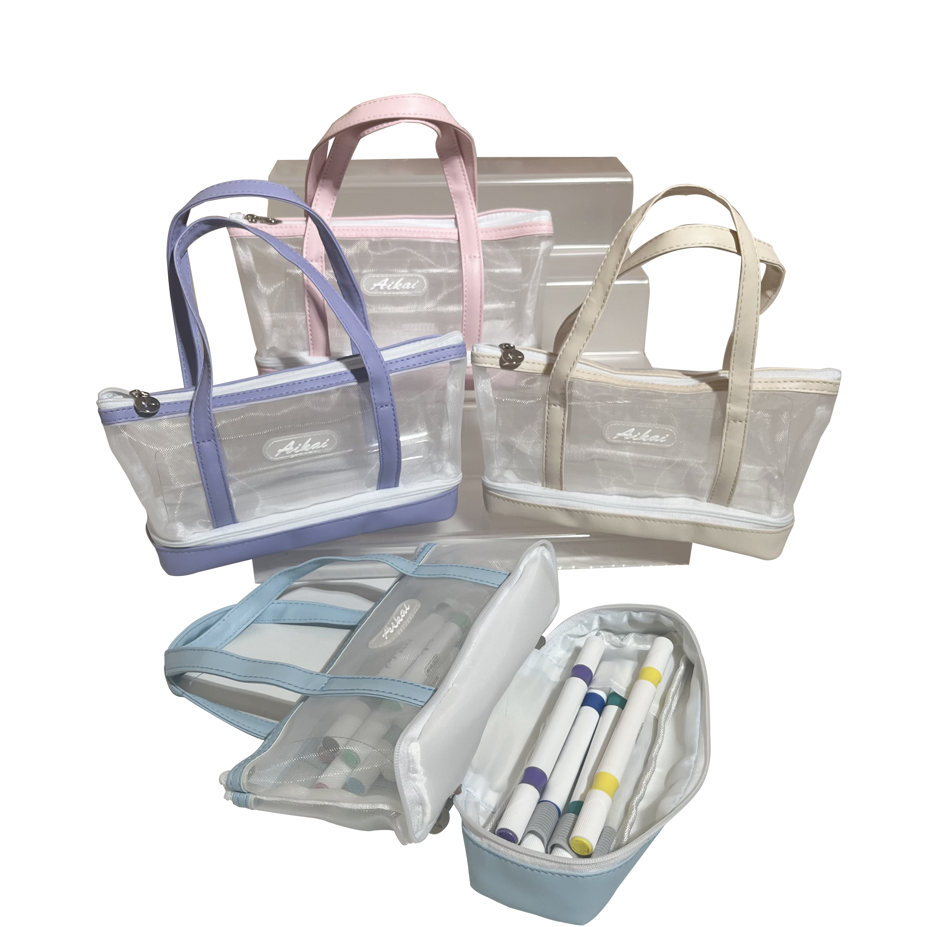 Transparent mesh double zipper handbag